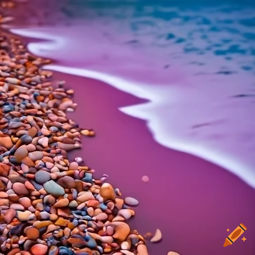 colorful pebble beach with pink waves