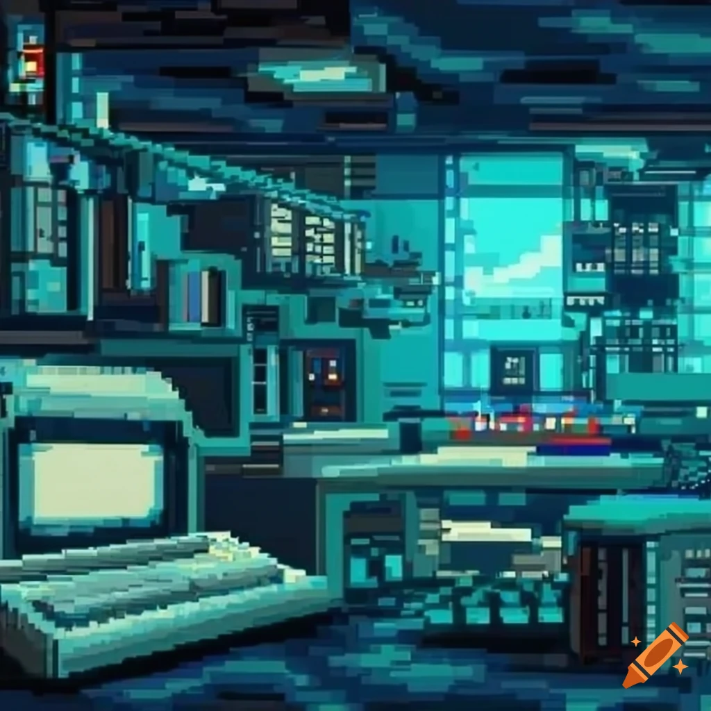 Detailed pixel art of futuristic tech laboratory with led lighting on ...