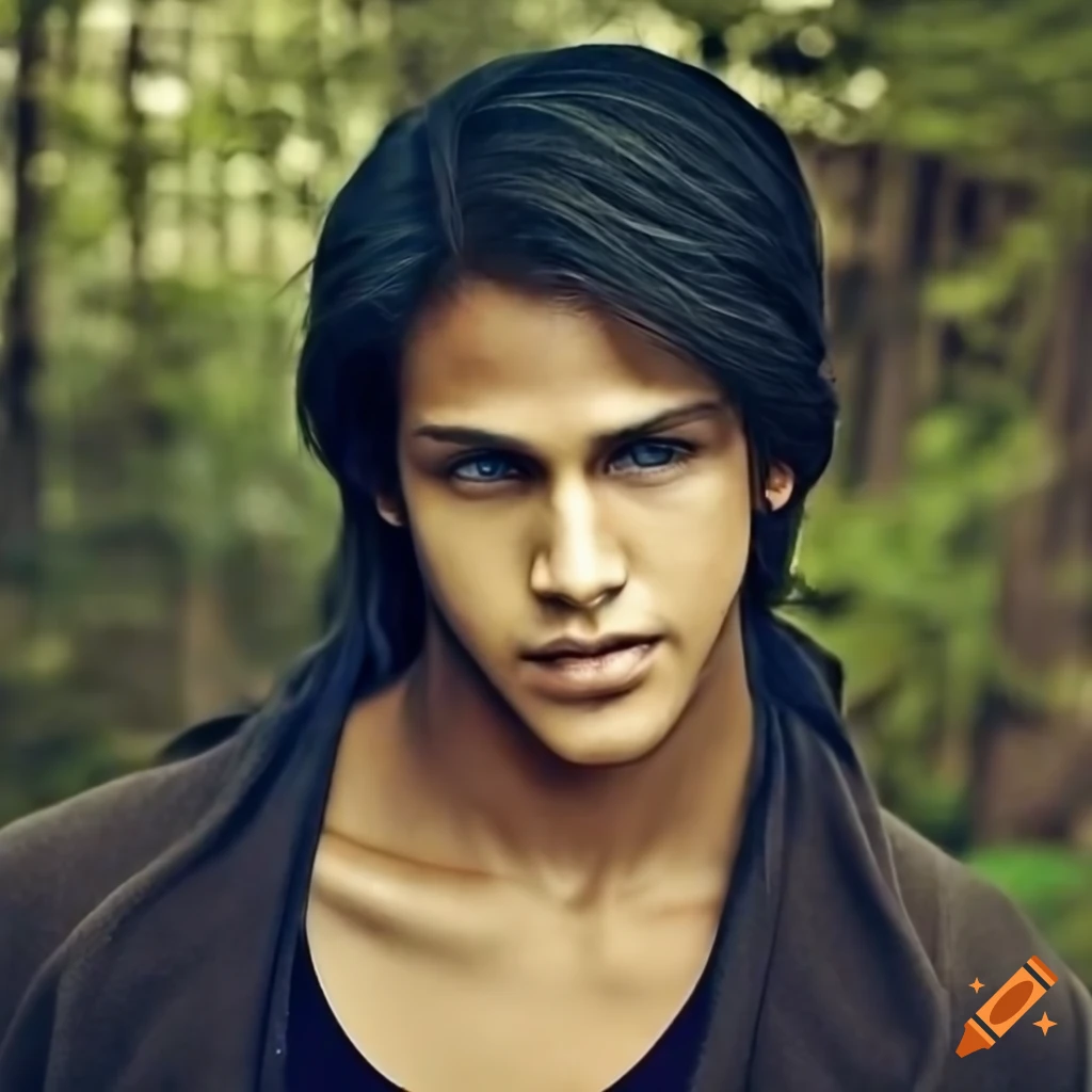 portrait of a handsome biracial man with blue eyes and long black hair