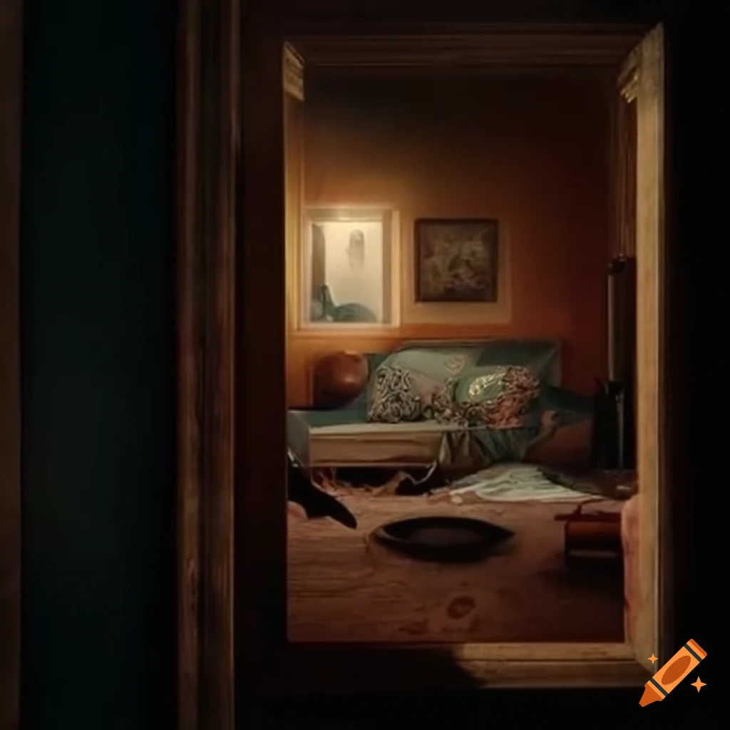 view through a keyhole into a mysterious bedroom