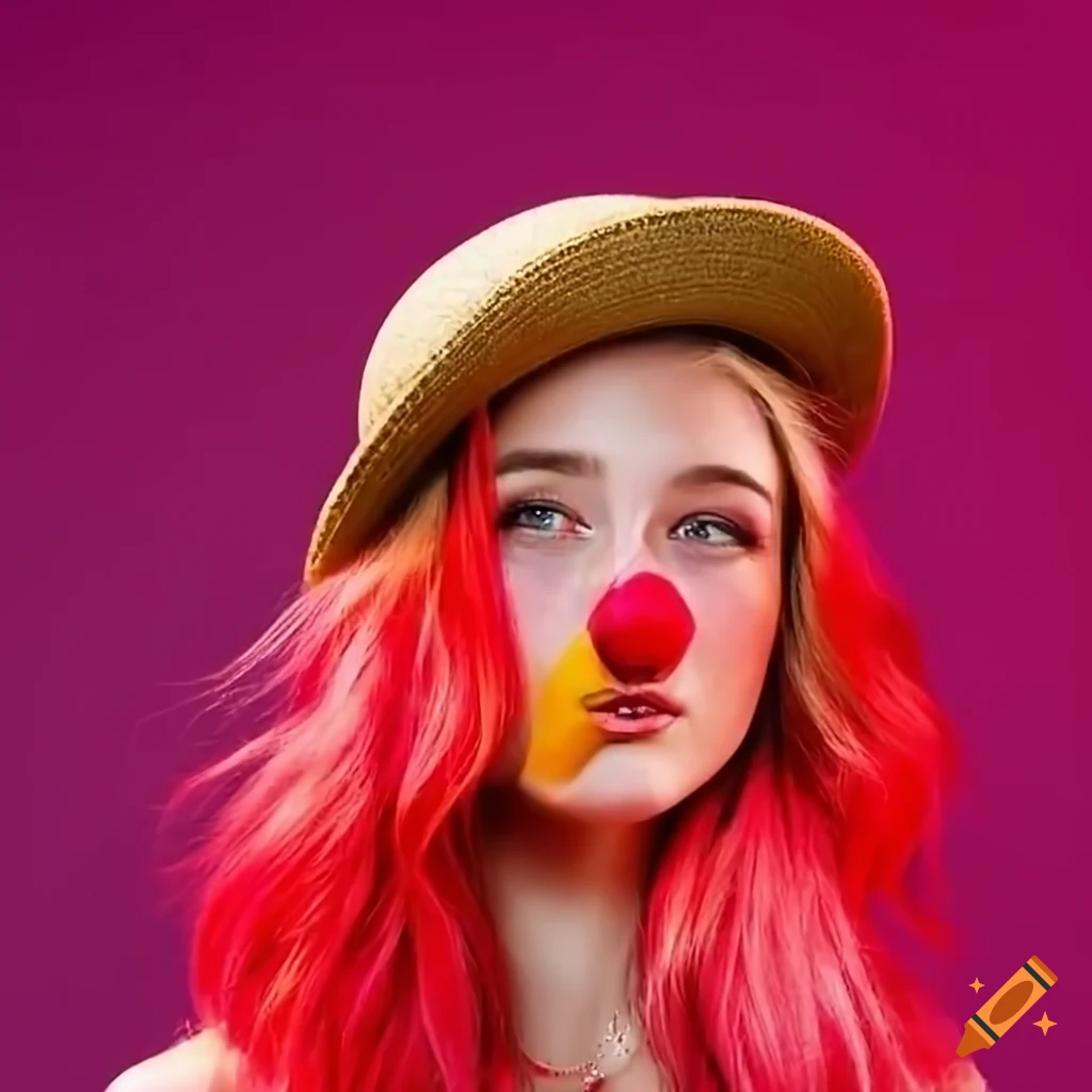 creative portrait of a woman with a clown nose and bowler hat