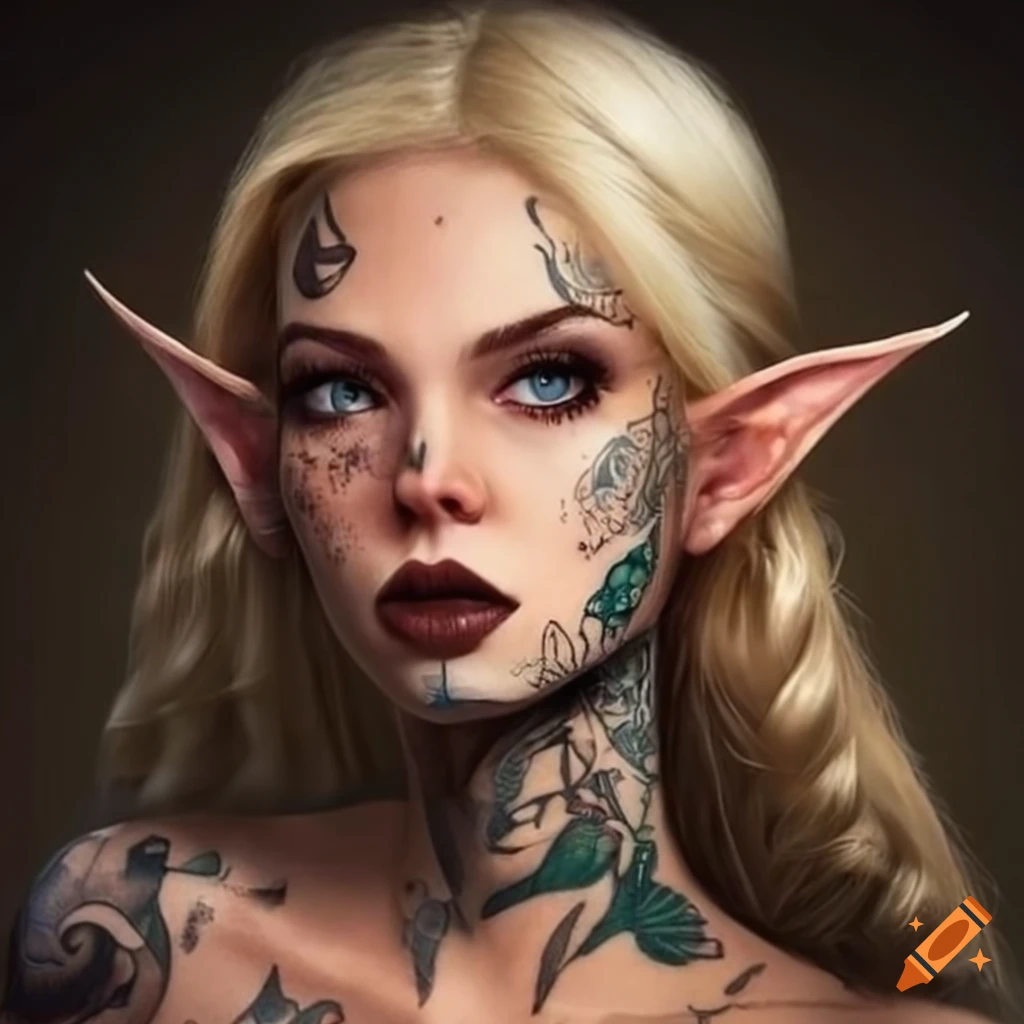 Portrait Of A Beautiful Blonde Elf Woman With Tattoos On Craiyon