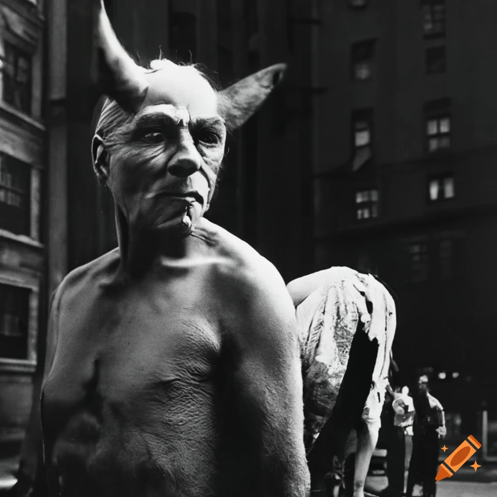 Black and white vintage photo of ian mcshane as a devil on craiyon