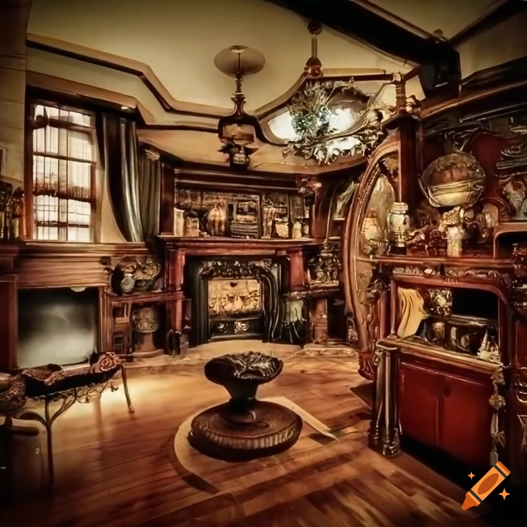 steampunk-inspired living room with vintage bar and fireplace
