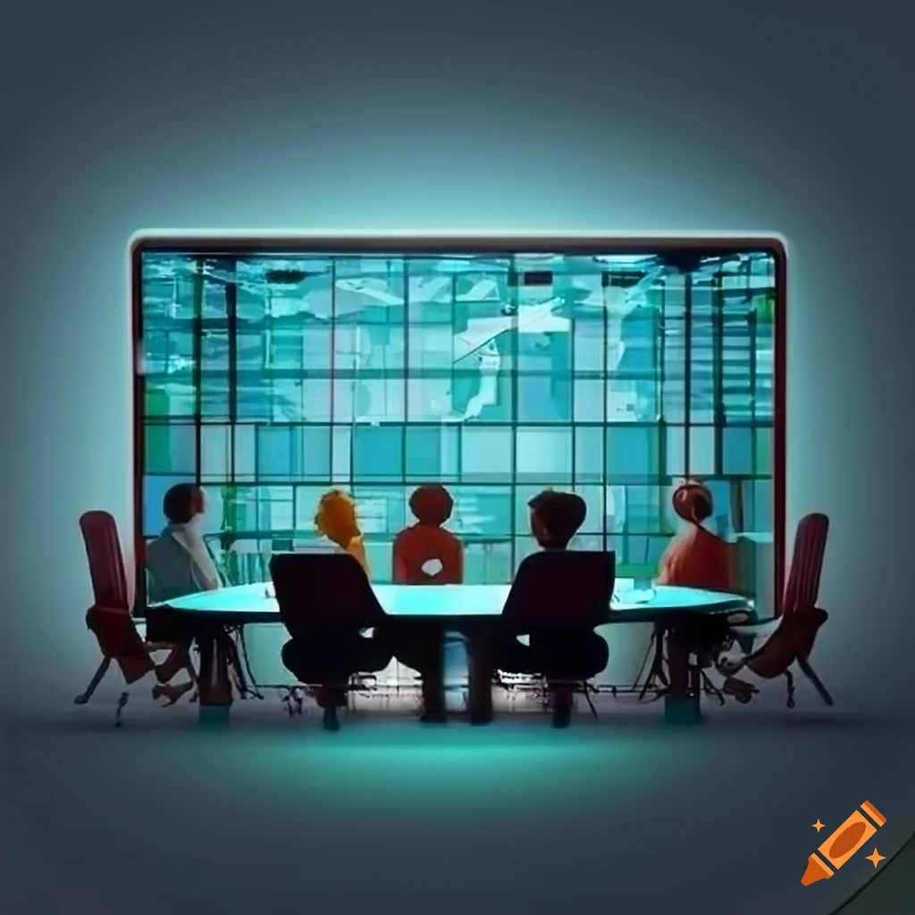 Modern meeting room with professionals analyzing data on a dashboard on