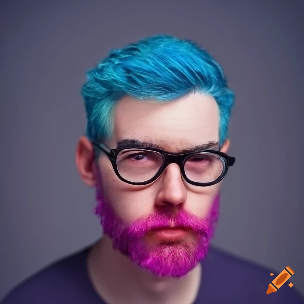 Man with vibrant blue hair and pink beard wearing glasses