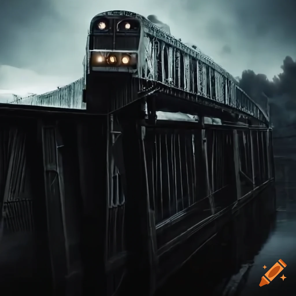 Cinematic shot of a train on a bridge on Craiyon