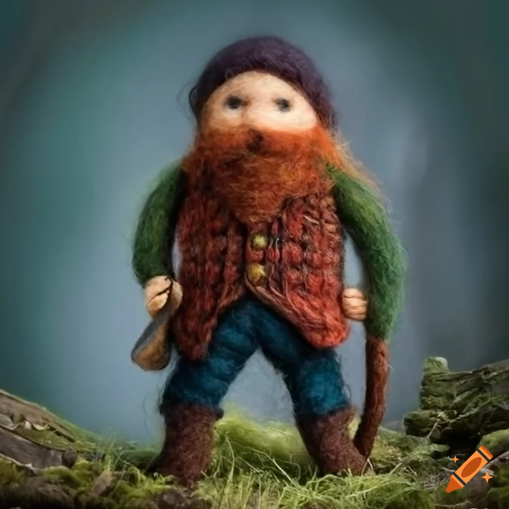 felted wool lumberjack with axe in a wool forest