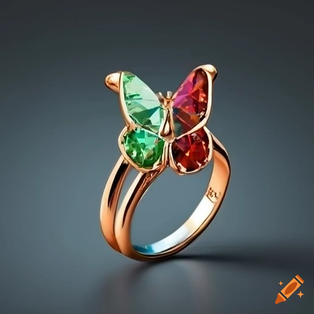 Butterfly engagement ring with green and red stones on Craiyon