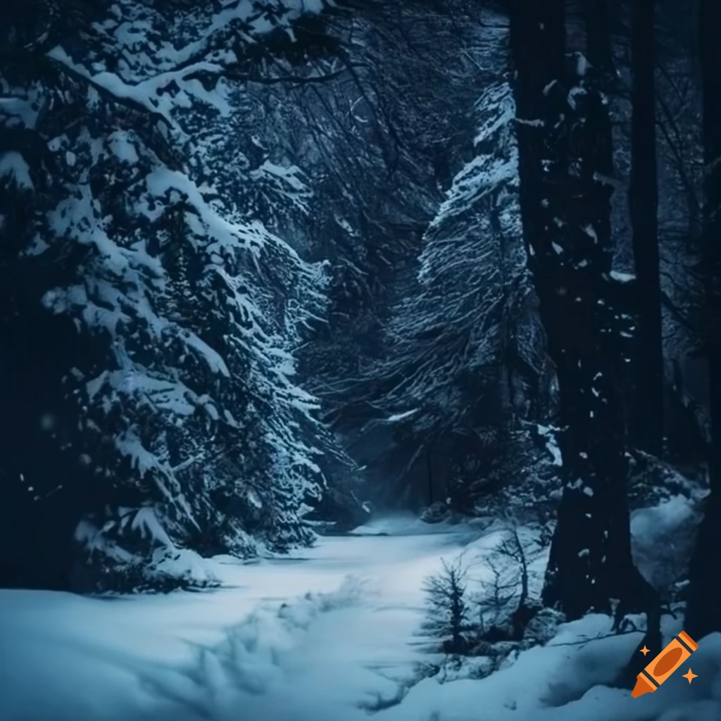 vintage picture of a snowy night in a forest gorge