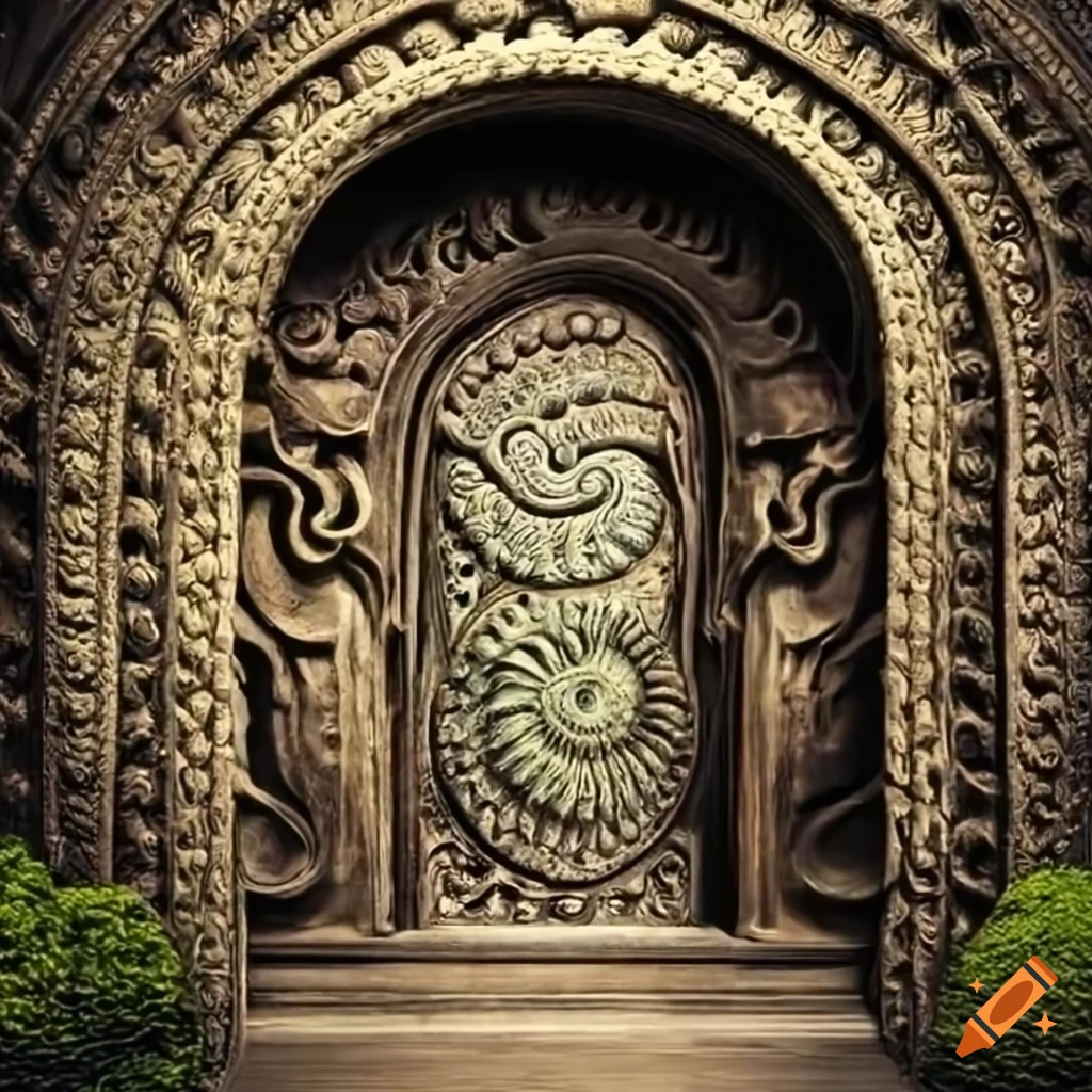 intricate door with African symbols carved on shale rock
