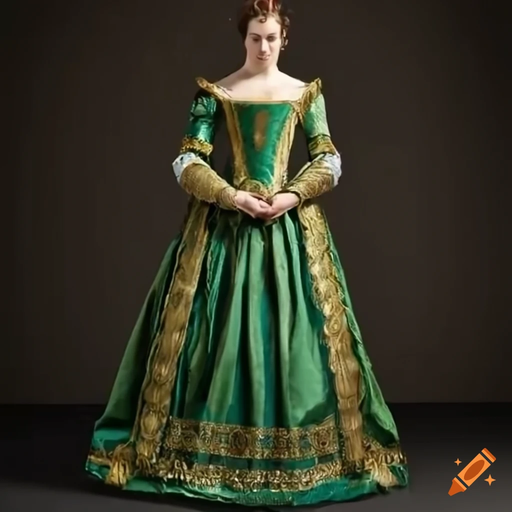 Woman wearing a green silk renaissance dress with gold embroidery on
