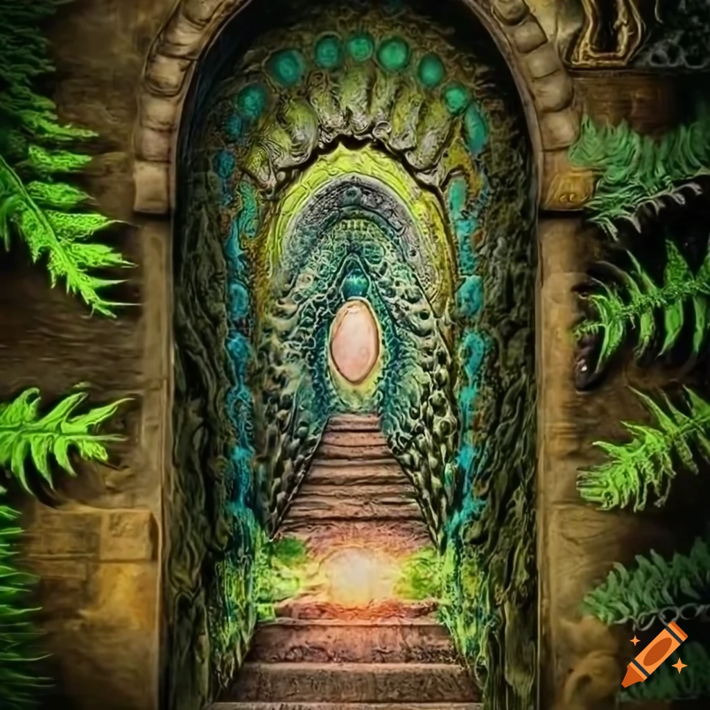 stone door with ammonite and spirals in Haeckel style