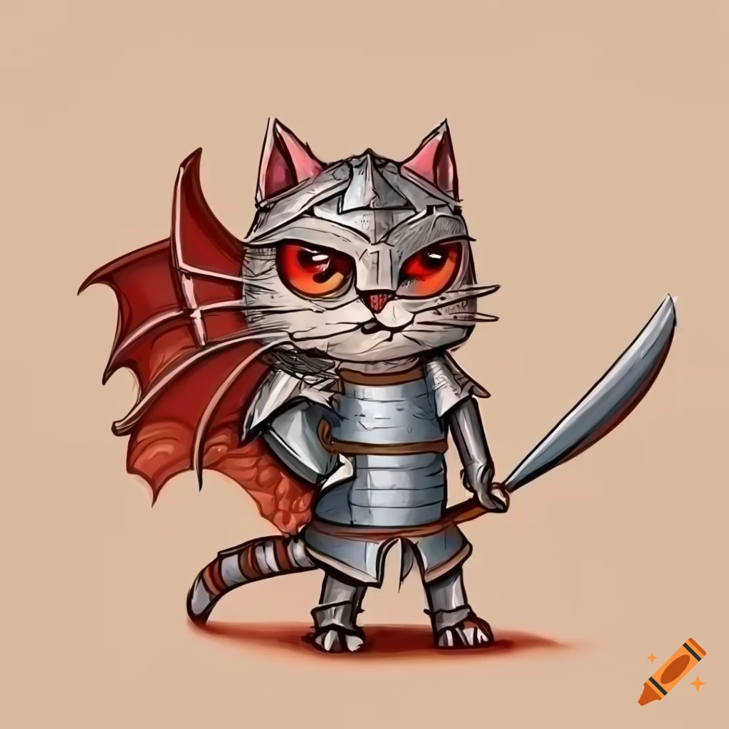Hand drawn cartoon cat in armor slaying a dragon