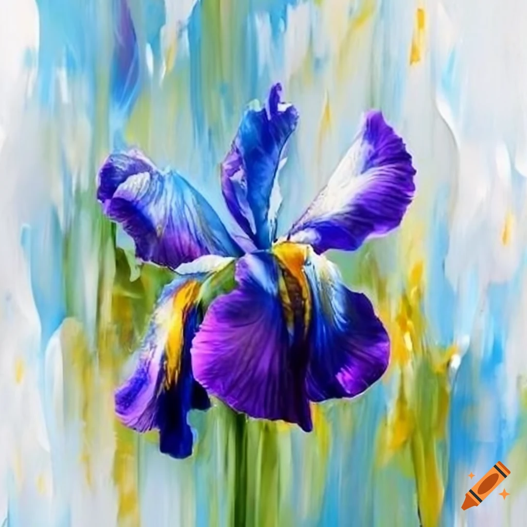 Abstract painting of a blue iris on white backdrop