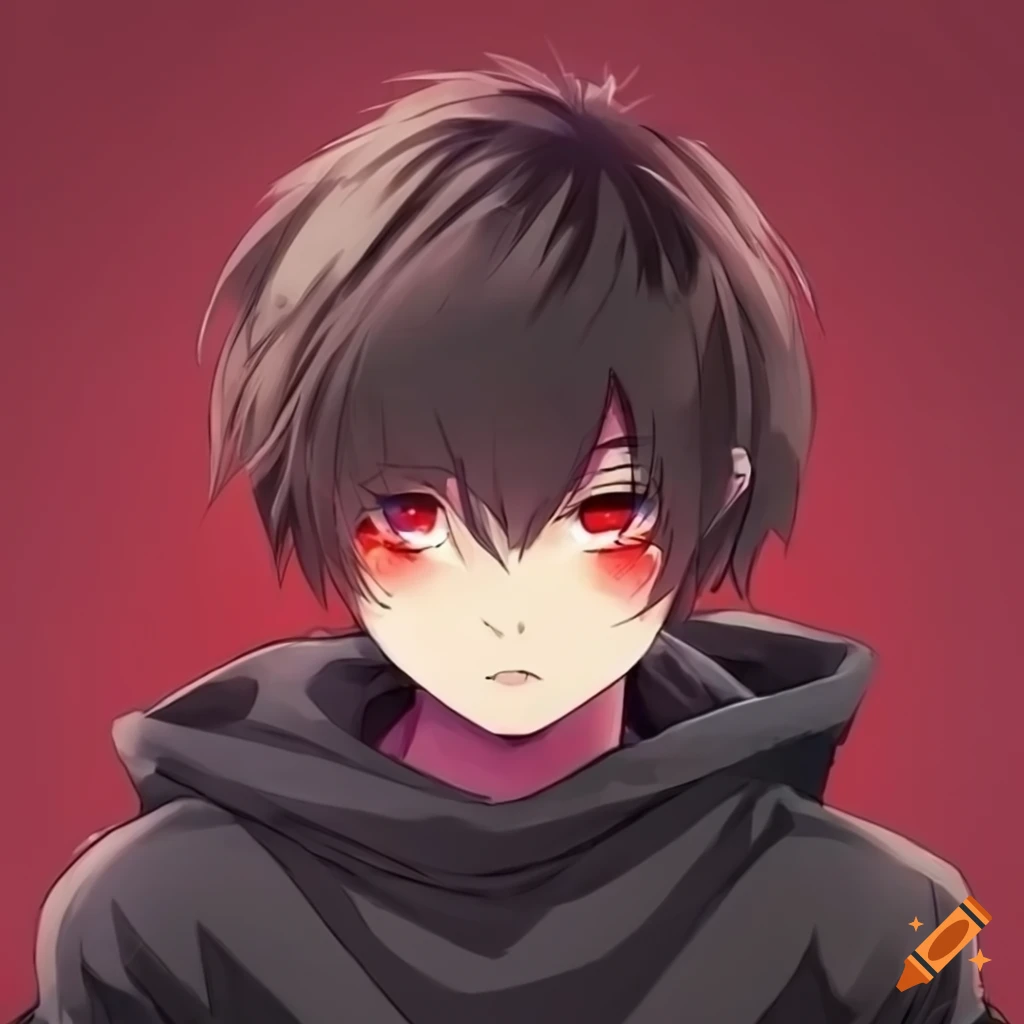 illustration of a confident chubby anime boy with dark brown undercut hair and red eyes