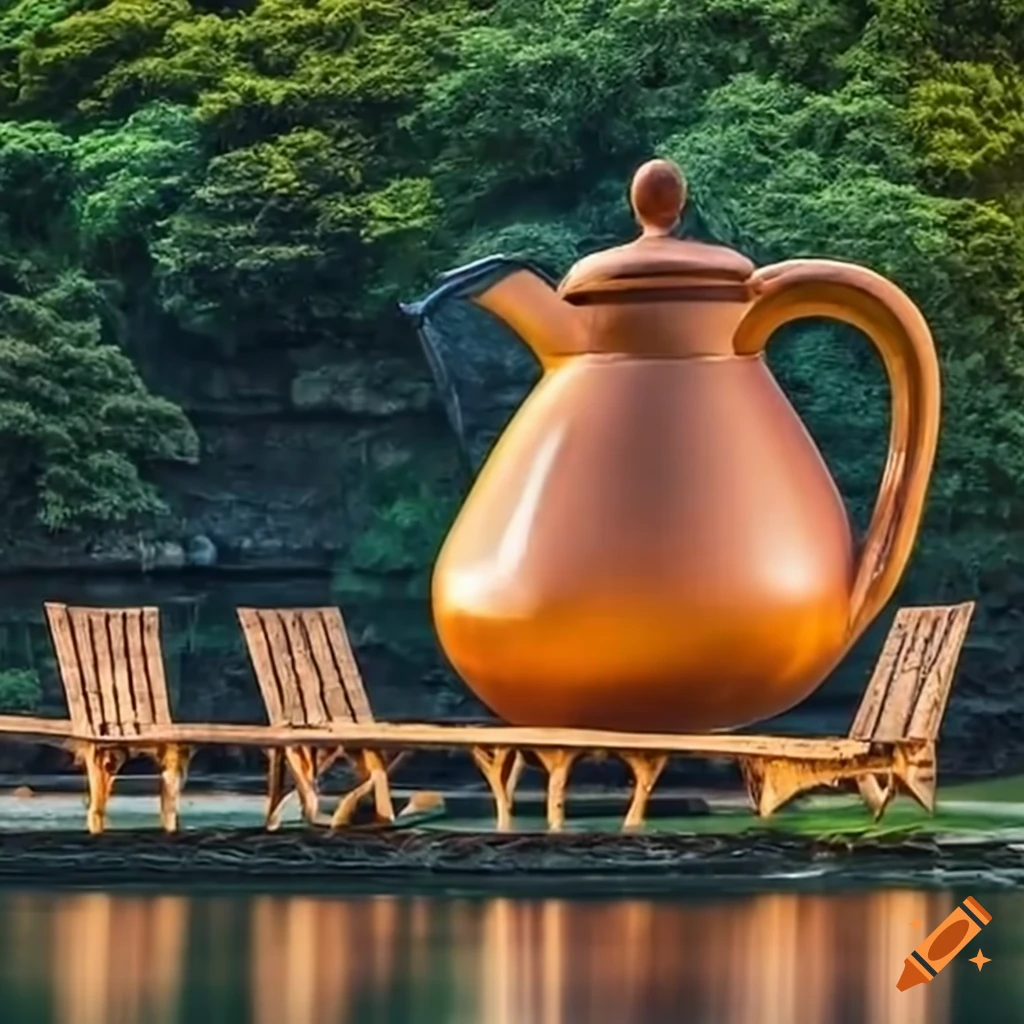 Quirky art installation of a giant tea kettle pouring a river on Craiyon