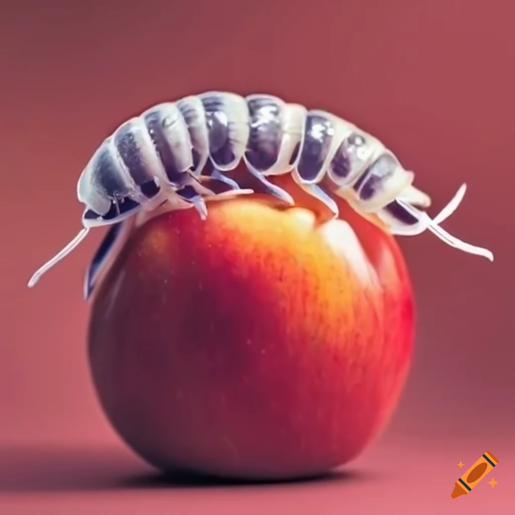 Cute isopod eating a red apple