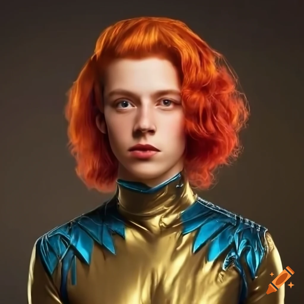 Character design of a male extraterrestrial with red hair and silver