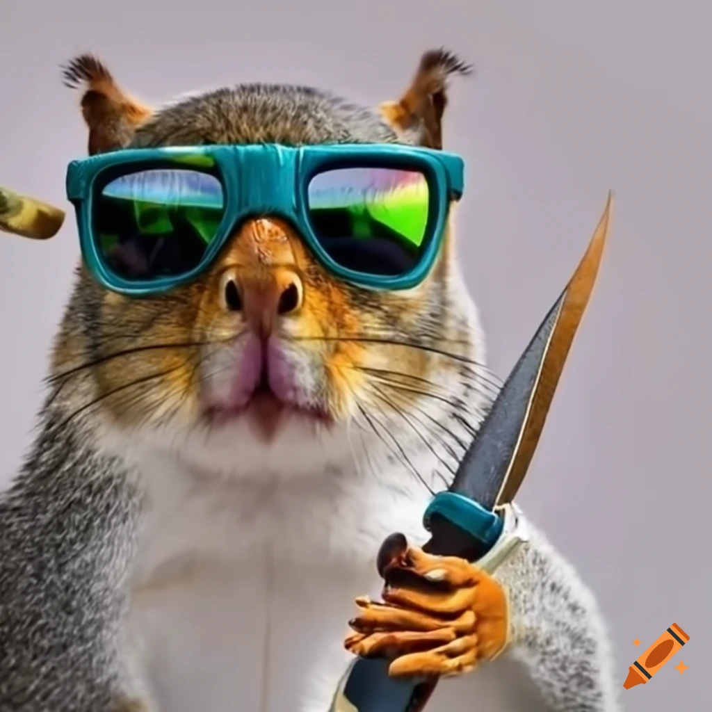 Image of a squirrel wearing sunglasses and holding a sword and shield on Craiyon