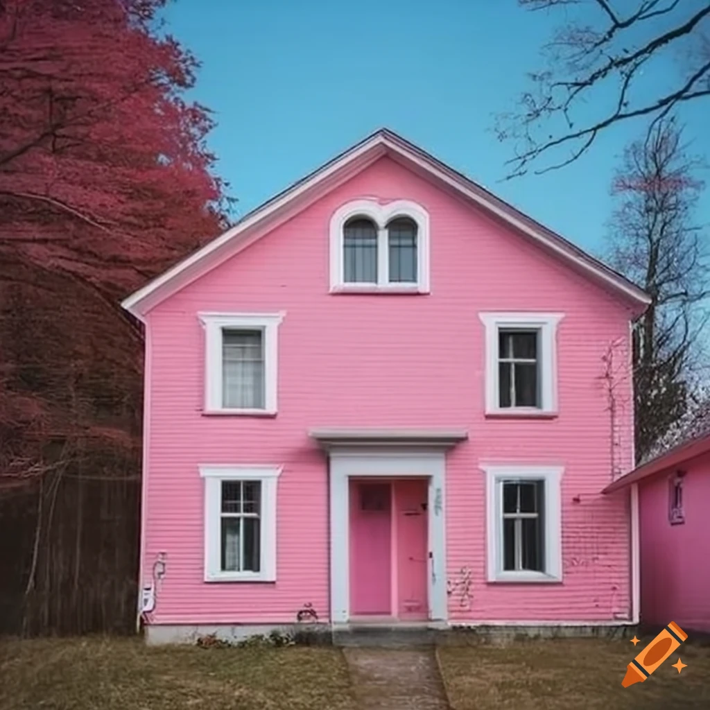 Exterior of a cute pink home in a unique setting on Craiyon