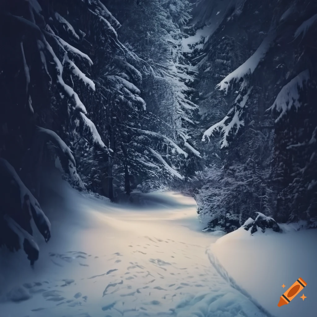Winter night gloomy forest in the mountains near the abyss in a
