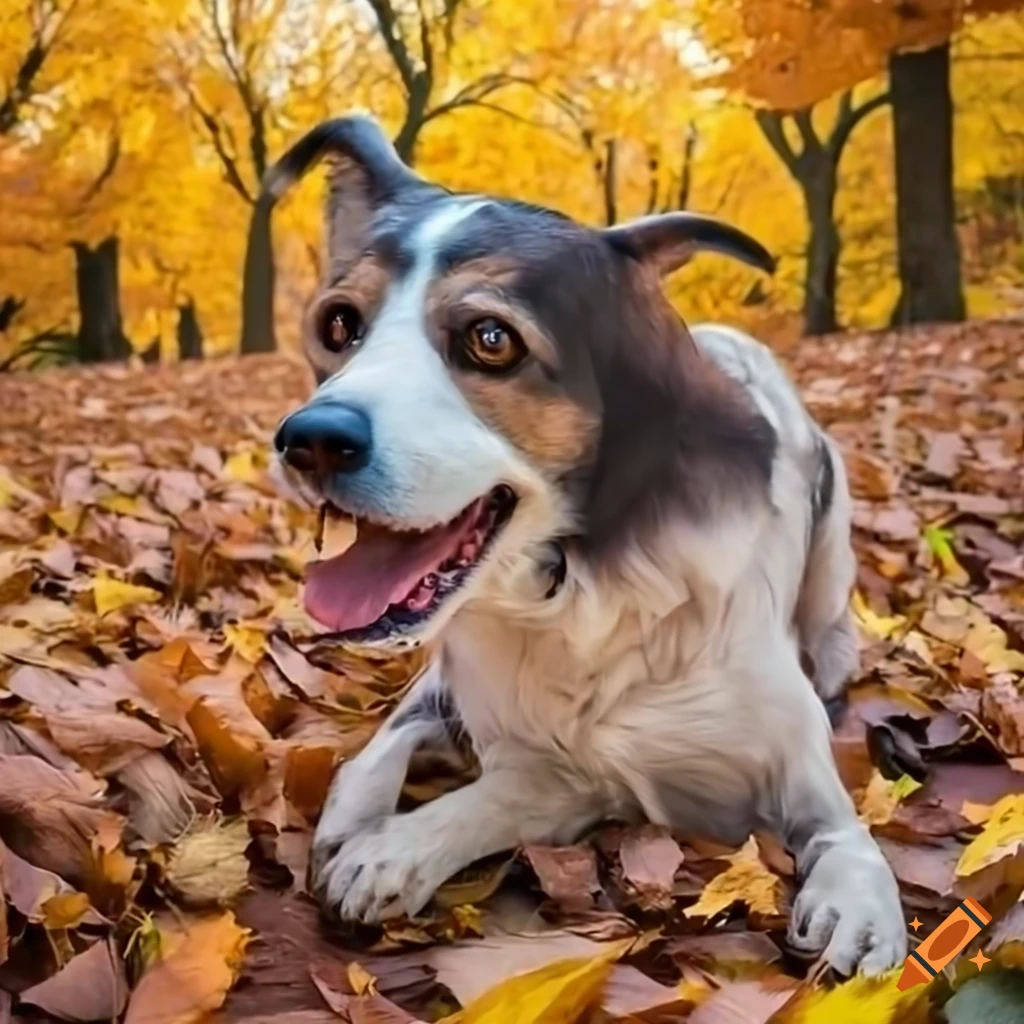 Dog playing in a pile of fallen leaves on Craiyon