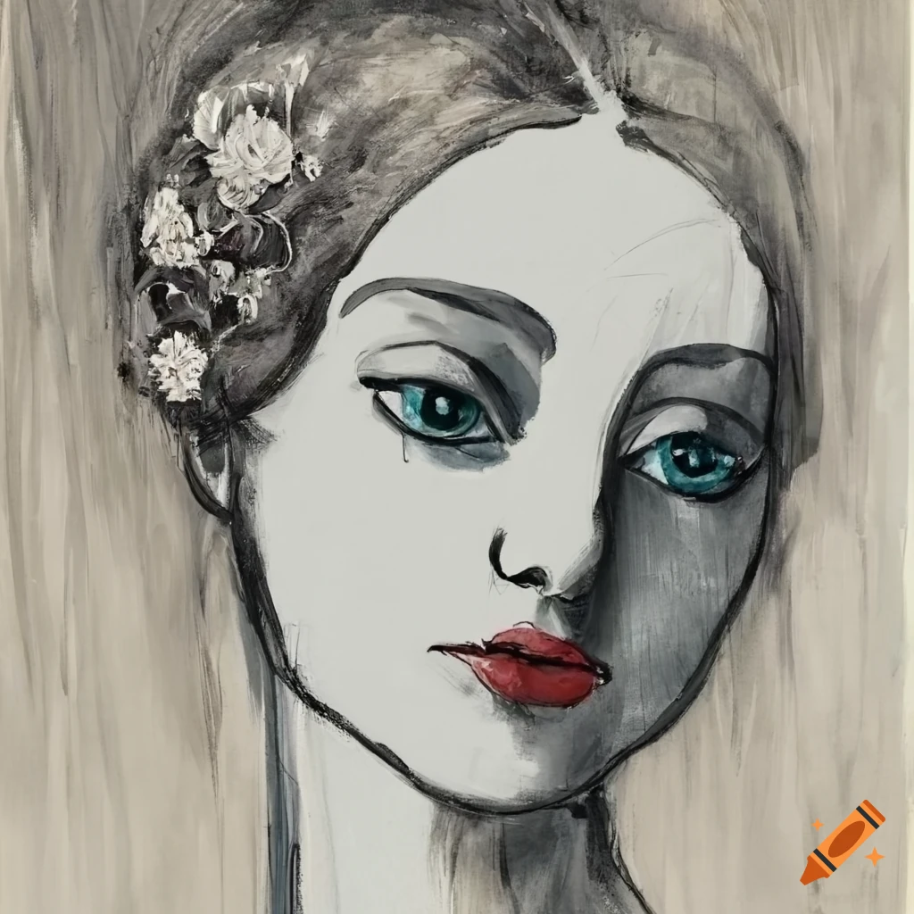 Black and white line drawing with flower in hair on Craiyon