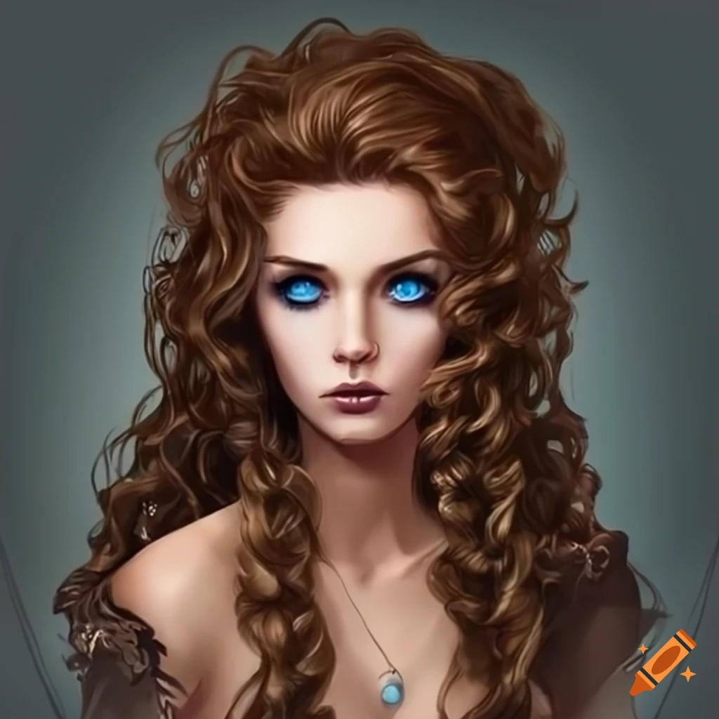 woman with long curly brown hair and dark blue eyes