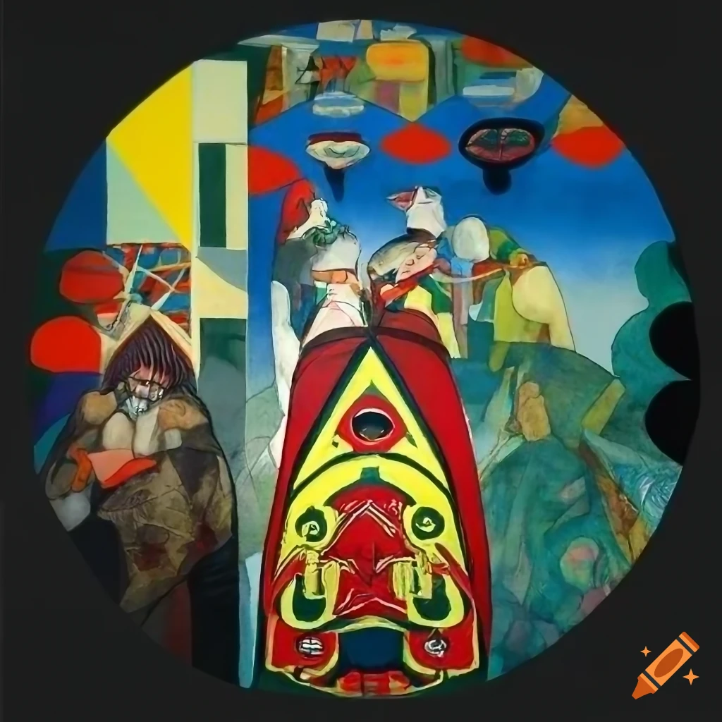 colorful lithograph featuring Native Salish designs
