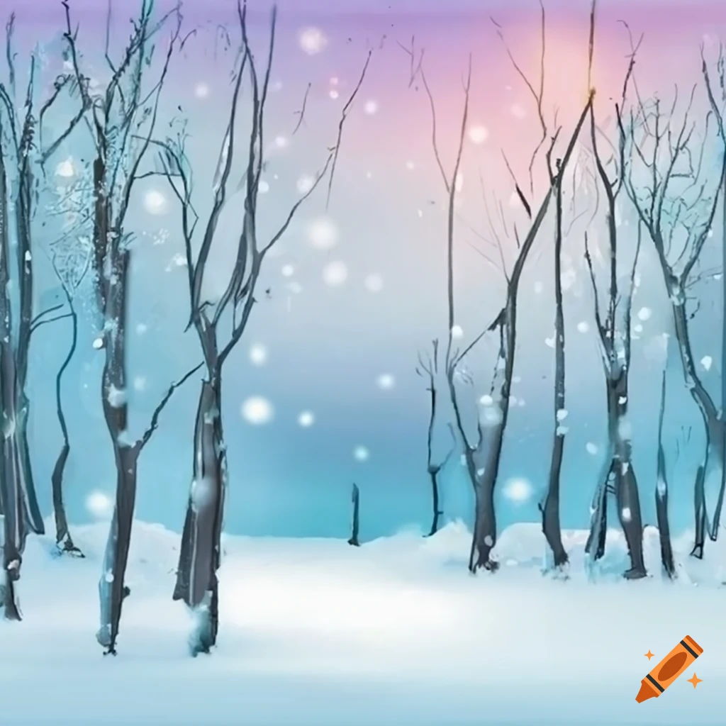 pastel winter scene with snowy trees