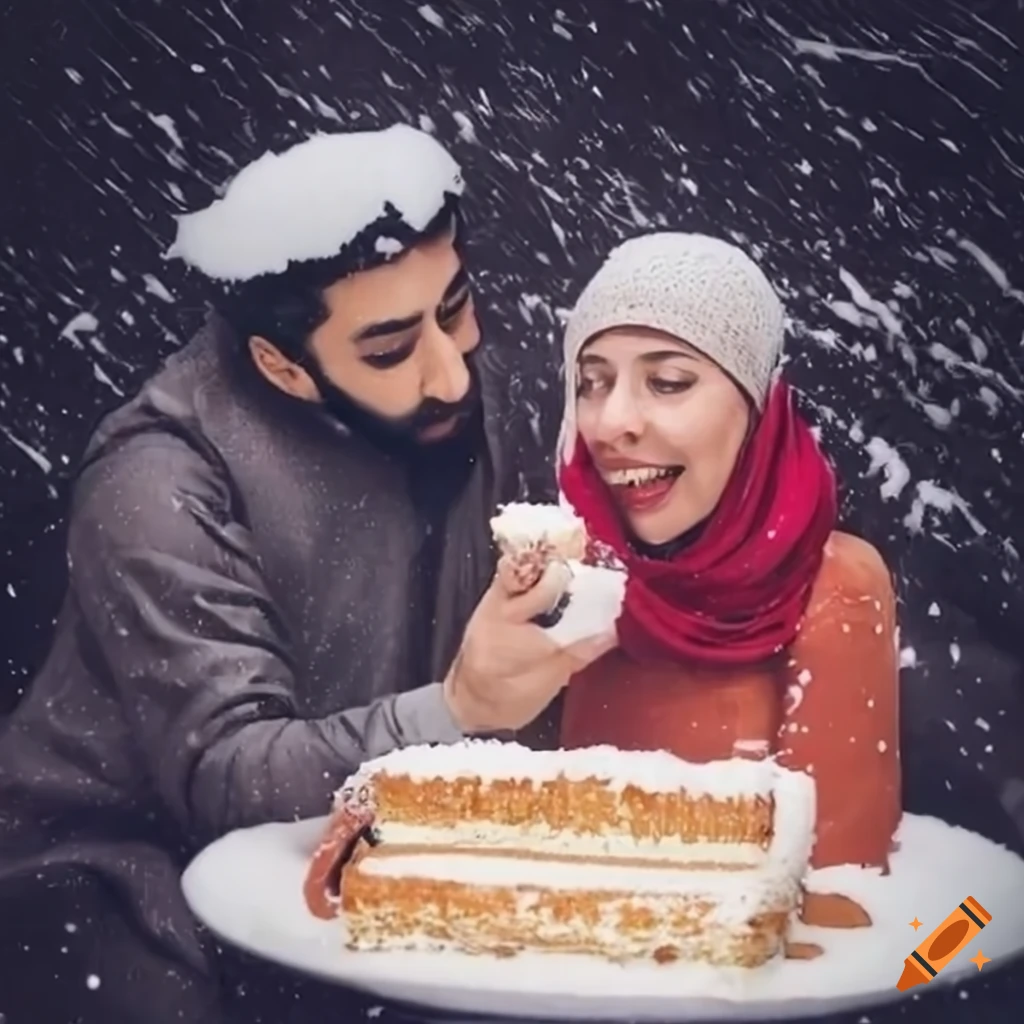 woman feeding cake to an Arab man in a snowstorm