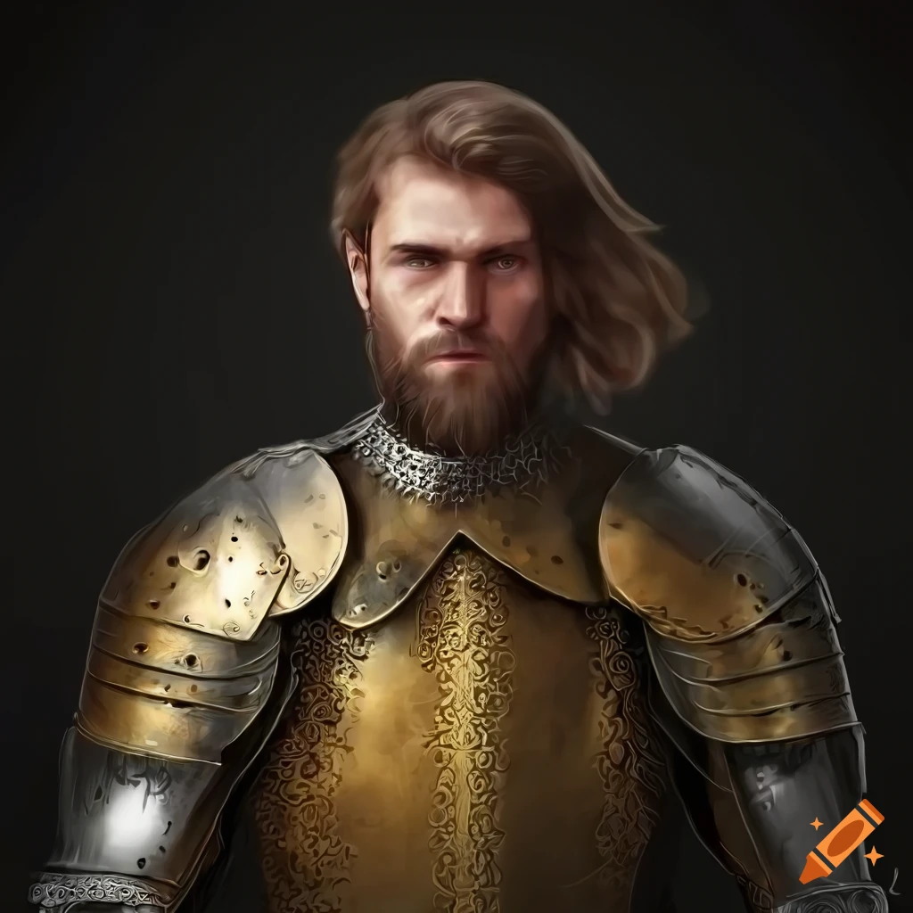 Concept art of a handsome medieval knight in golden armor