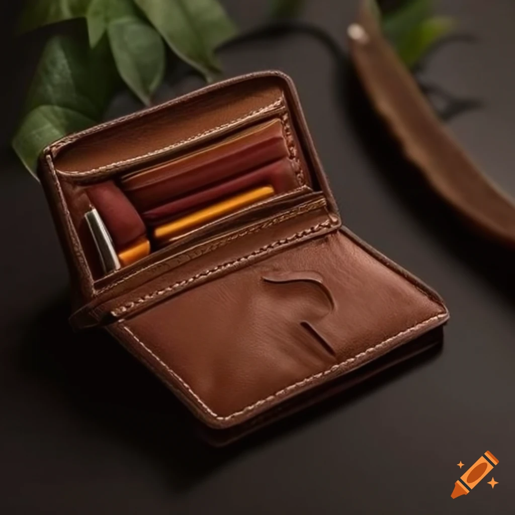 brown wallet with compartments on wooden surface