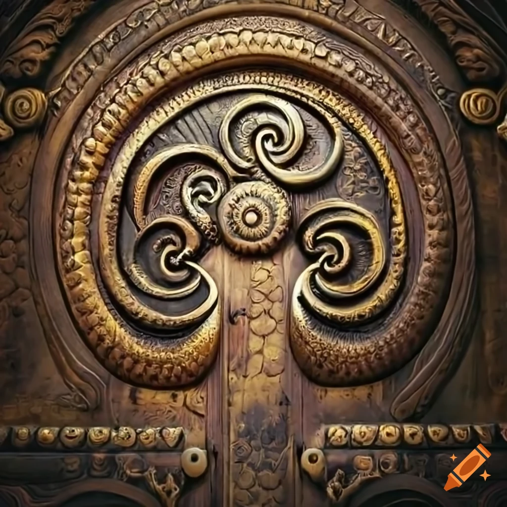 intricate baroque door with African symbols carved on shale rock