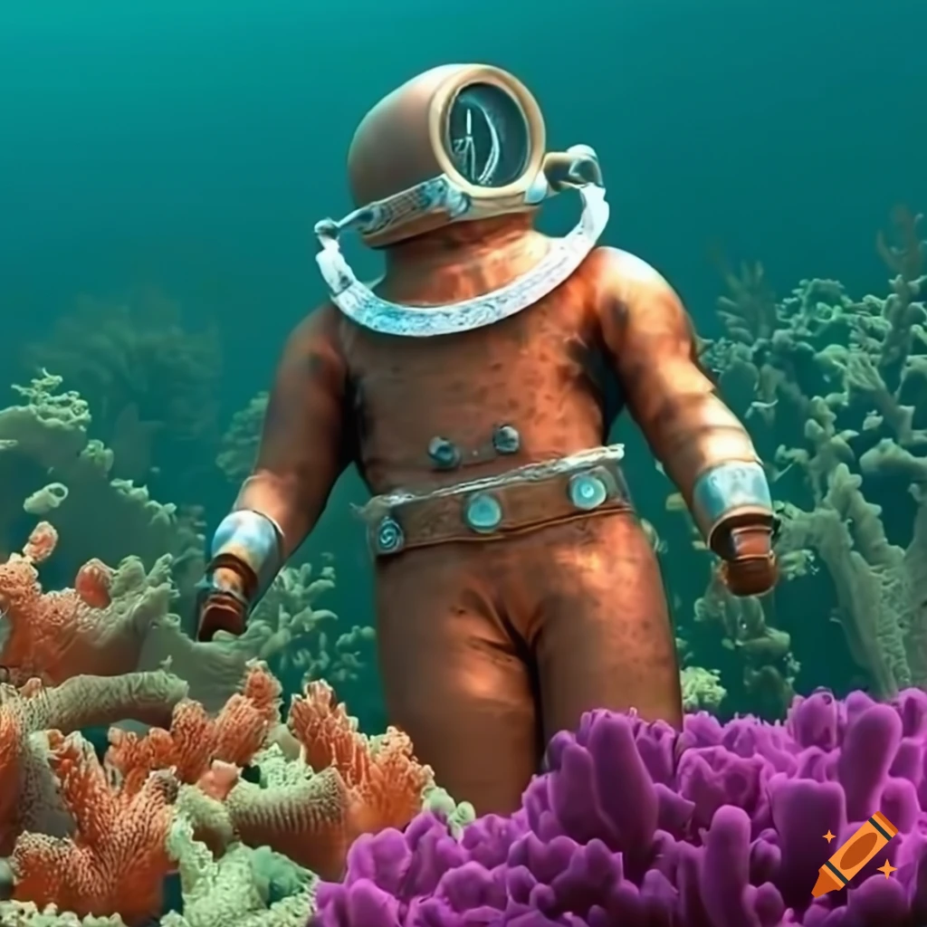 3D rendering of a copper diving suit surrounded by colorful corals