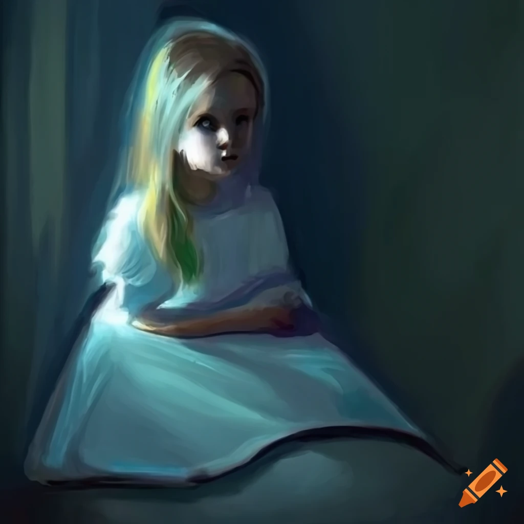 portrait of a girl dressed in white in a dark room