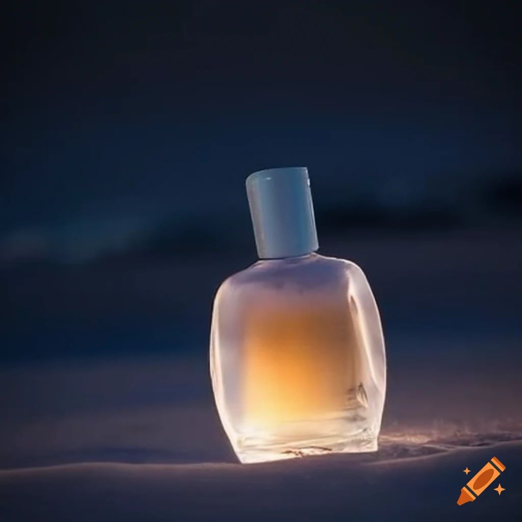 Perfume bottle on a freezing beach at night
