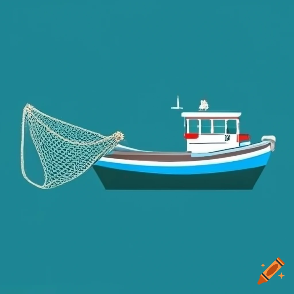 Simplistic graphic of a fishing boat with a net on Craiyon