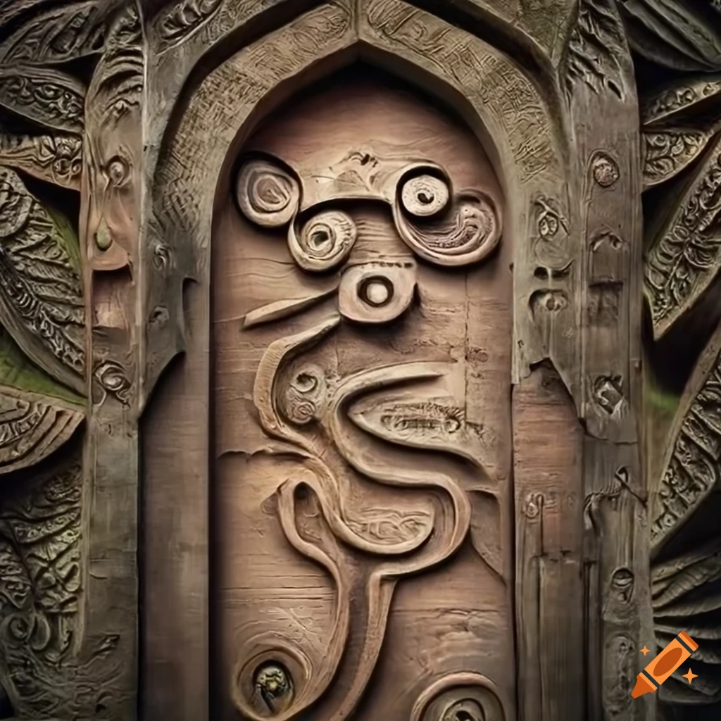 ornate door with African symbols on shale rock