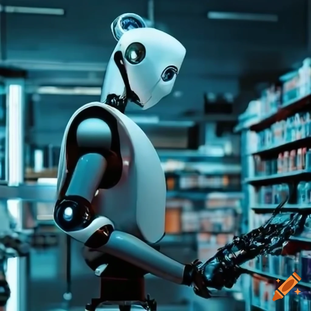 Roboter im Einzelhandel an der Kasse mit Menschen in der Warteschlange