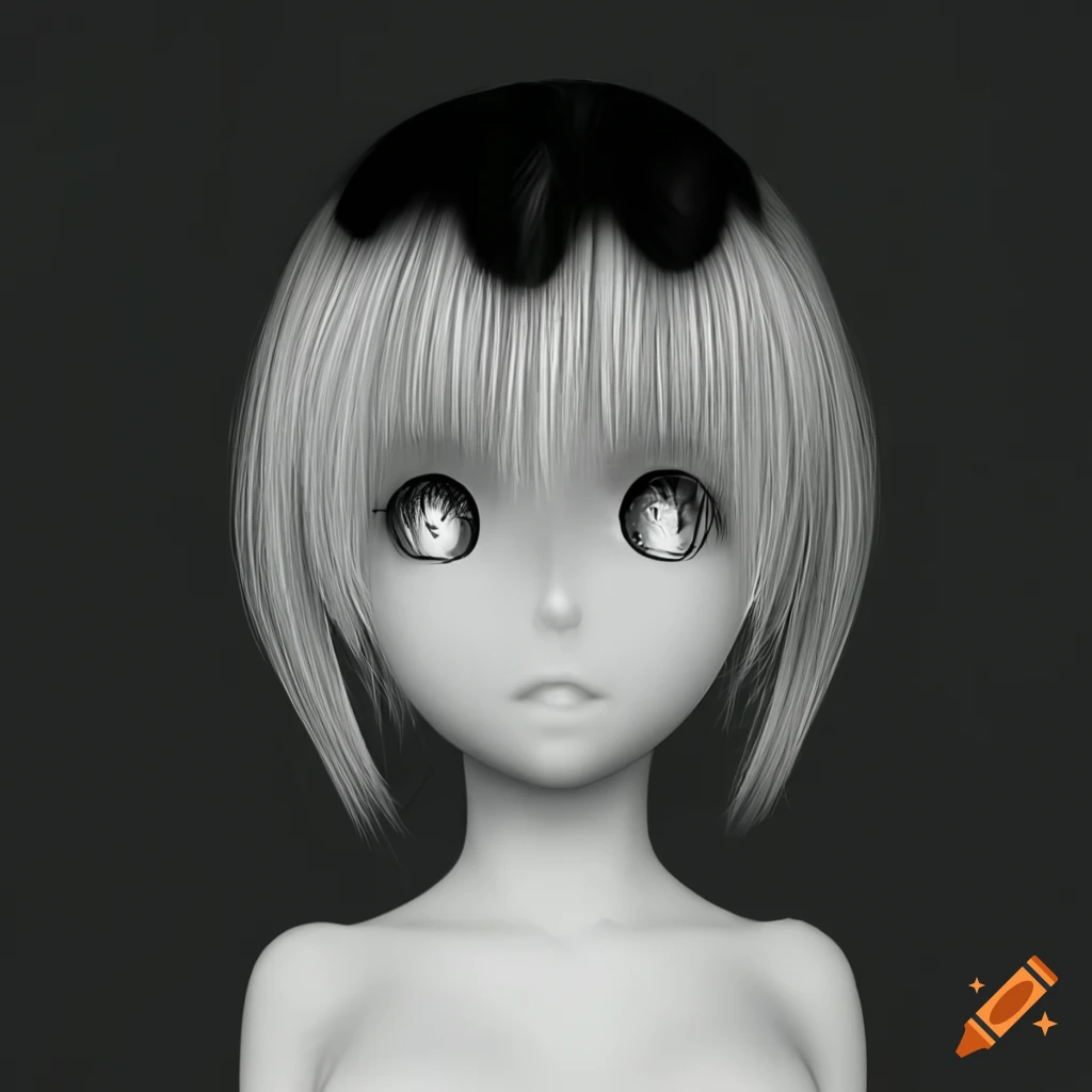 Black and white 3d portrait of an anime girl