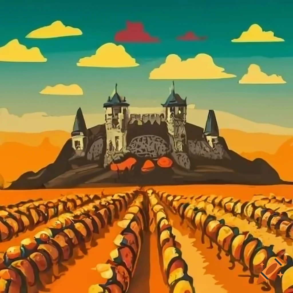 army of Vienna breads lined up in a field with a castle in the background