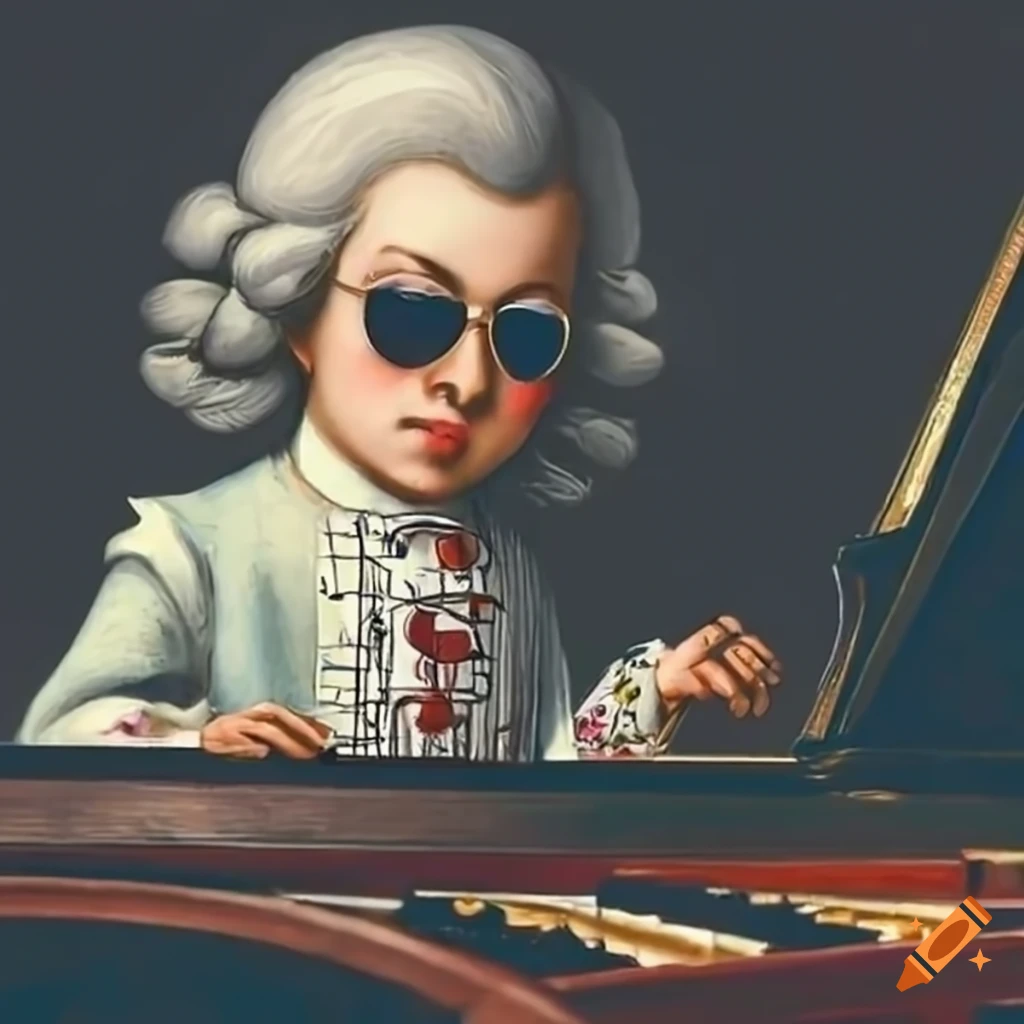 young Mozart playing piano with sunglasses
