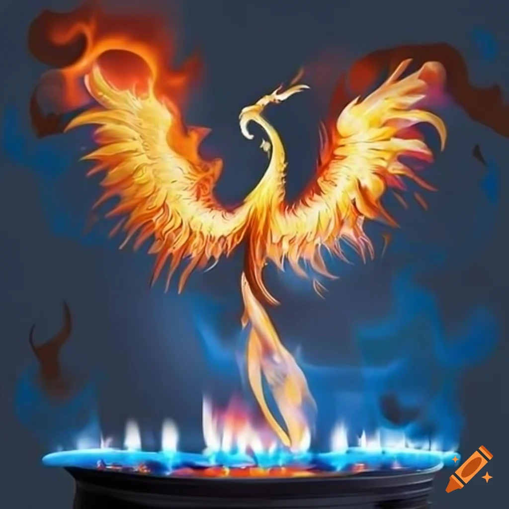 Artistic depiction of flaming gas burners and a phoenix bird on Craiyon