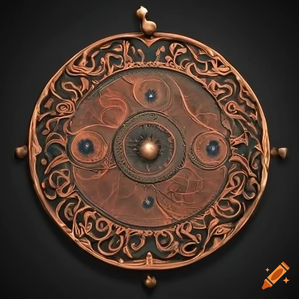 copper and mithril medallion with intricate vine design