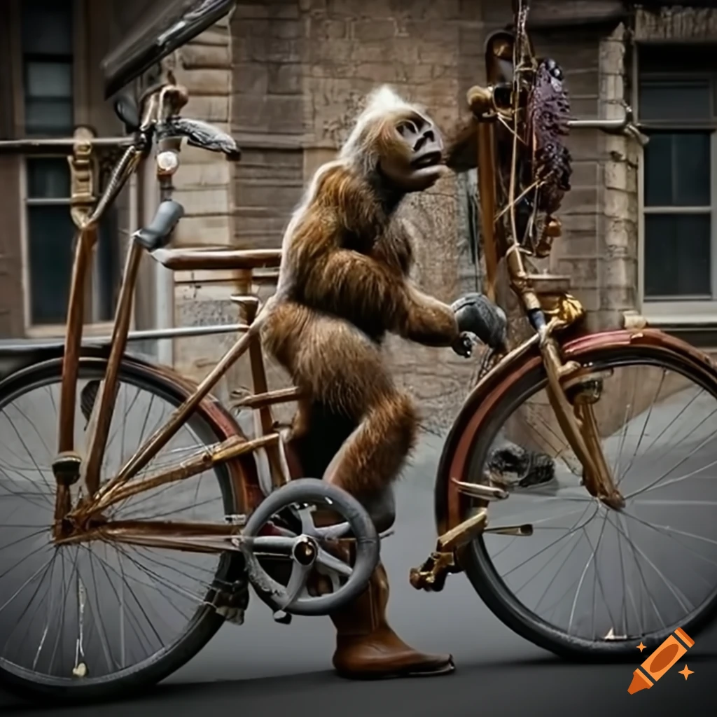 steampunk gorilla riding a bicycle