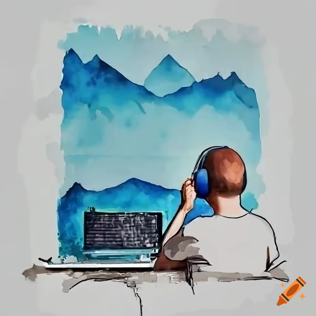 Man working at computer with mountain backdrop