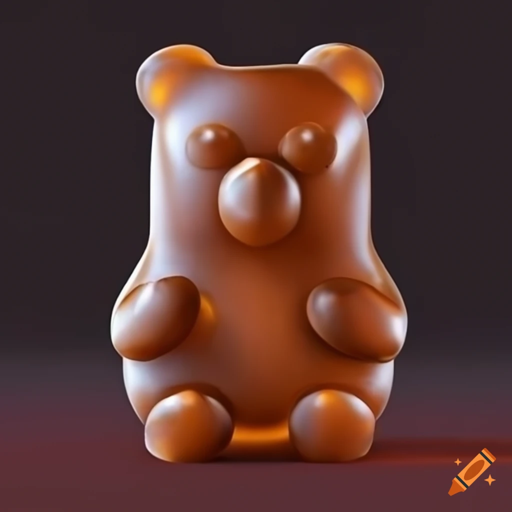 3D art of small gummy bears combining into a big brown gummy bear