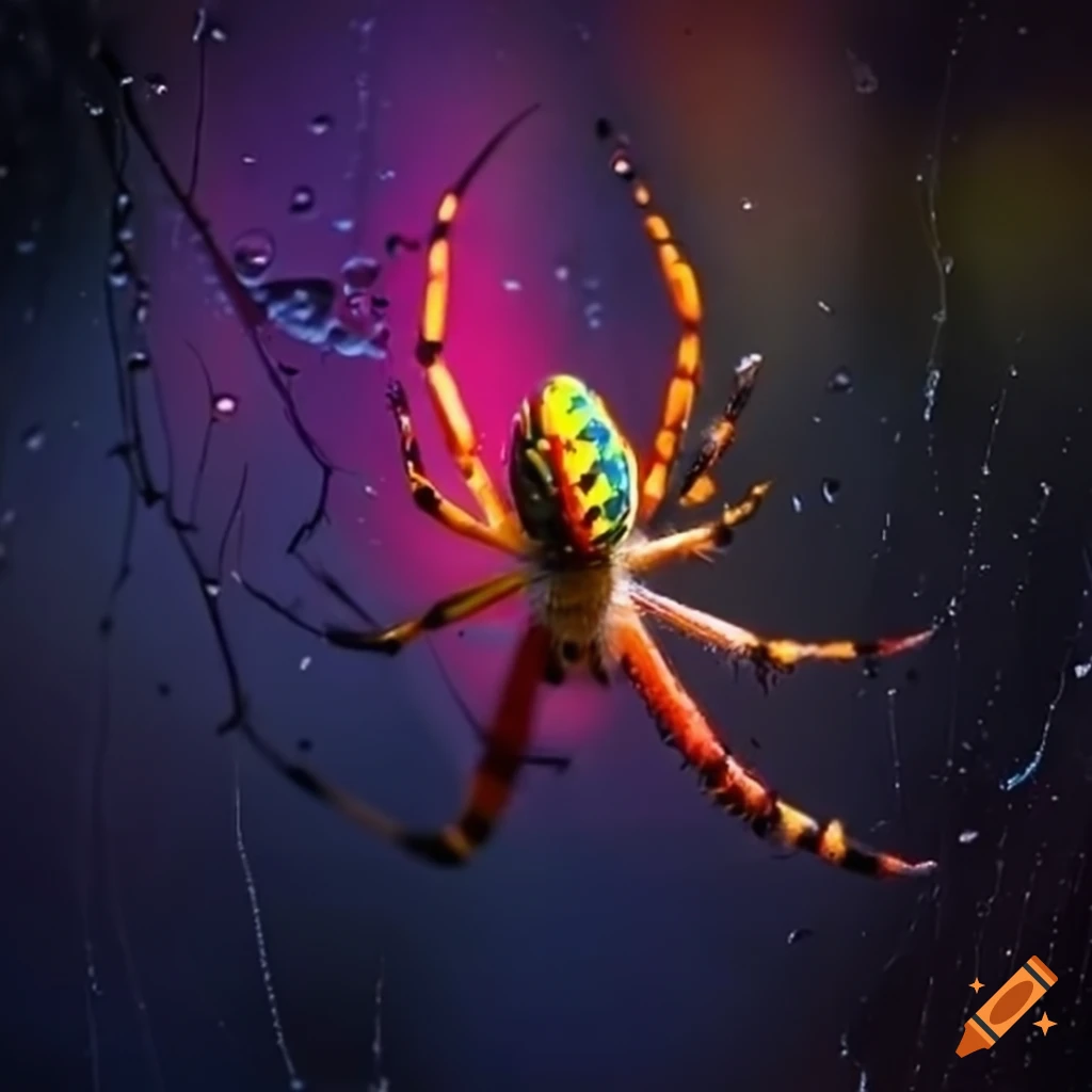 colorful spider in a rain-soaked web